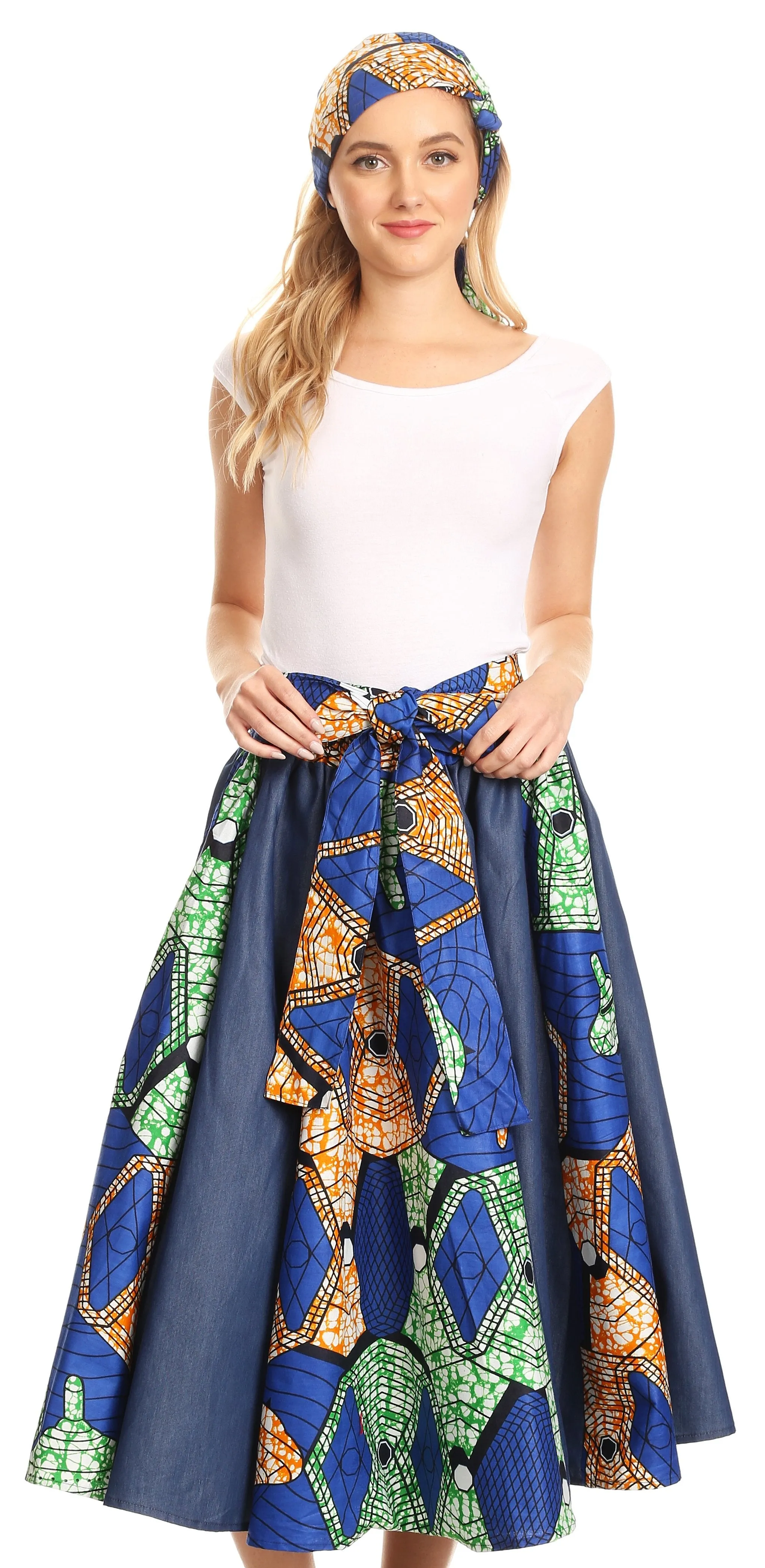 Sakkas Dayo Circle Mid Skirt with Elastic Waist Colorful Ankara African Wax Dutch