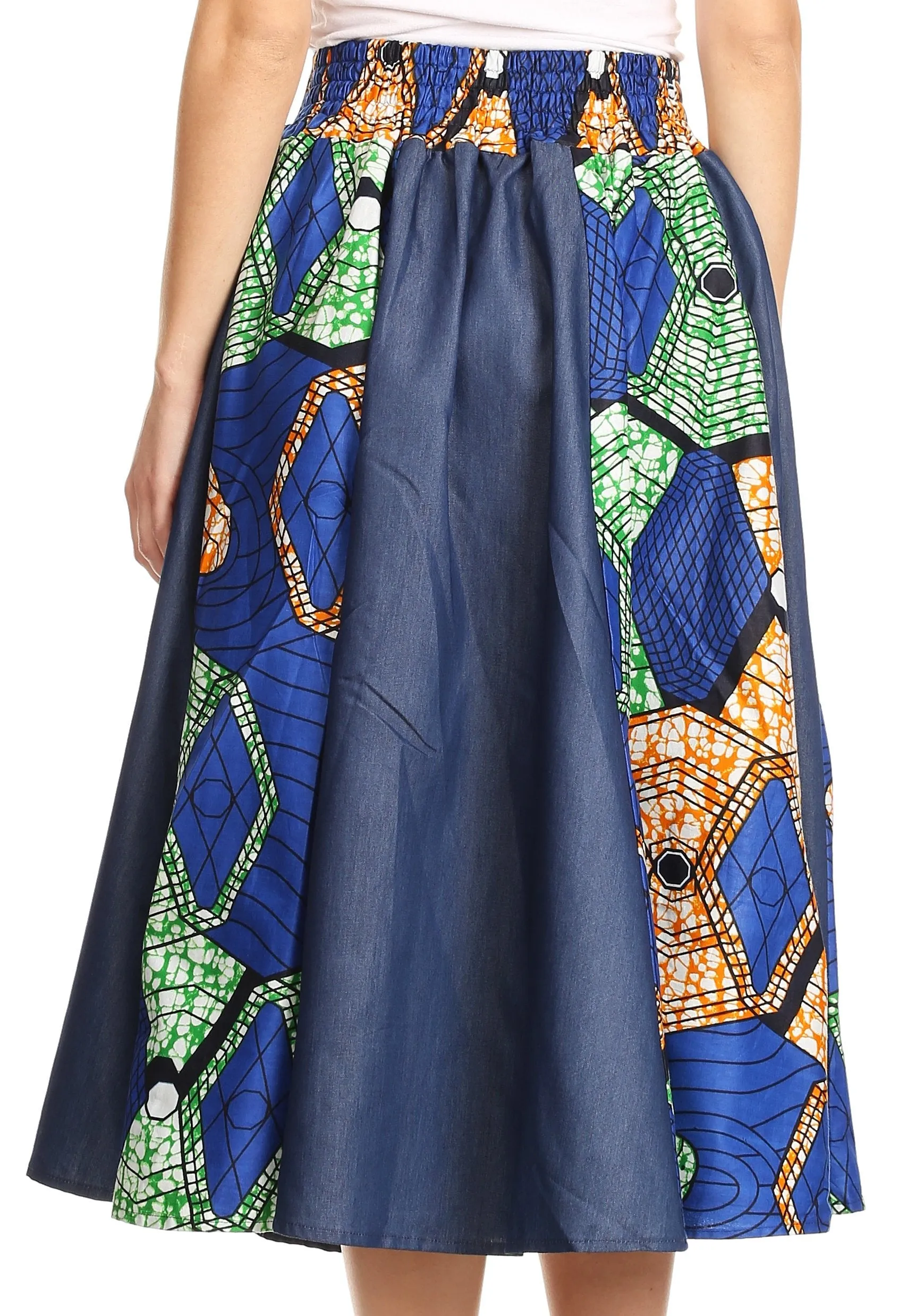 Sakkas Dayo Circle Mid Skirt with Elastic Waist Colorful Ankara African Wax Dutch