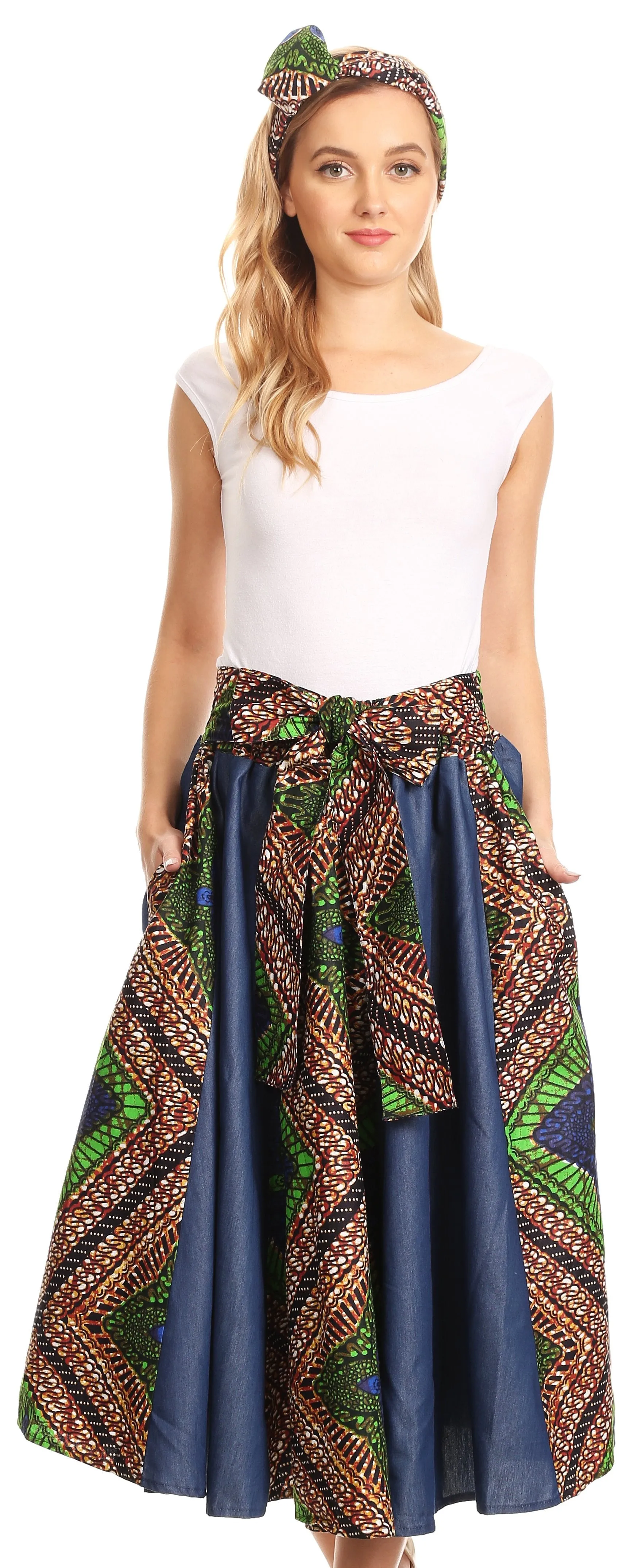 Sakkas Dayo Circle Mid Skirt with Elastic Waist Colorful Ankara African Wax Dutch