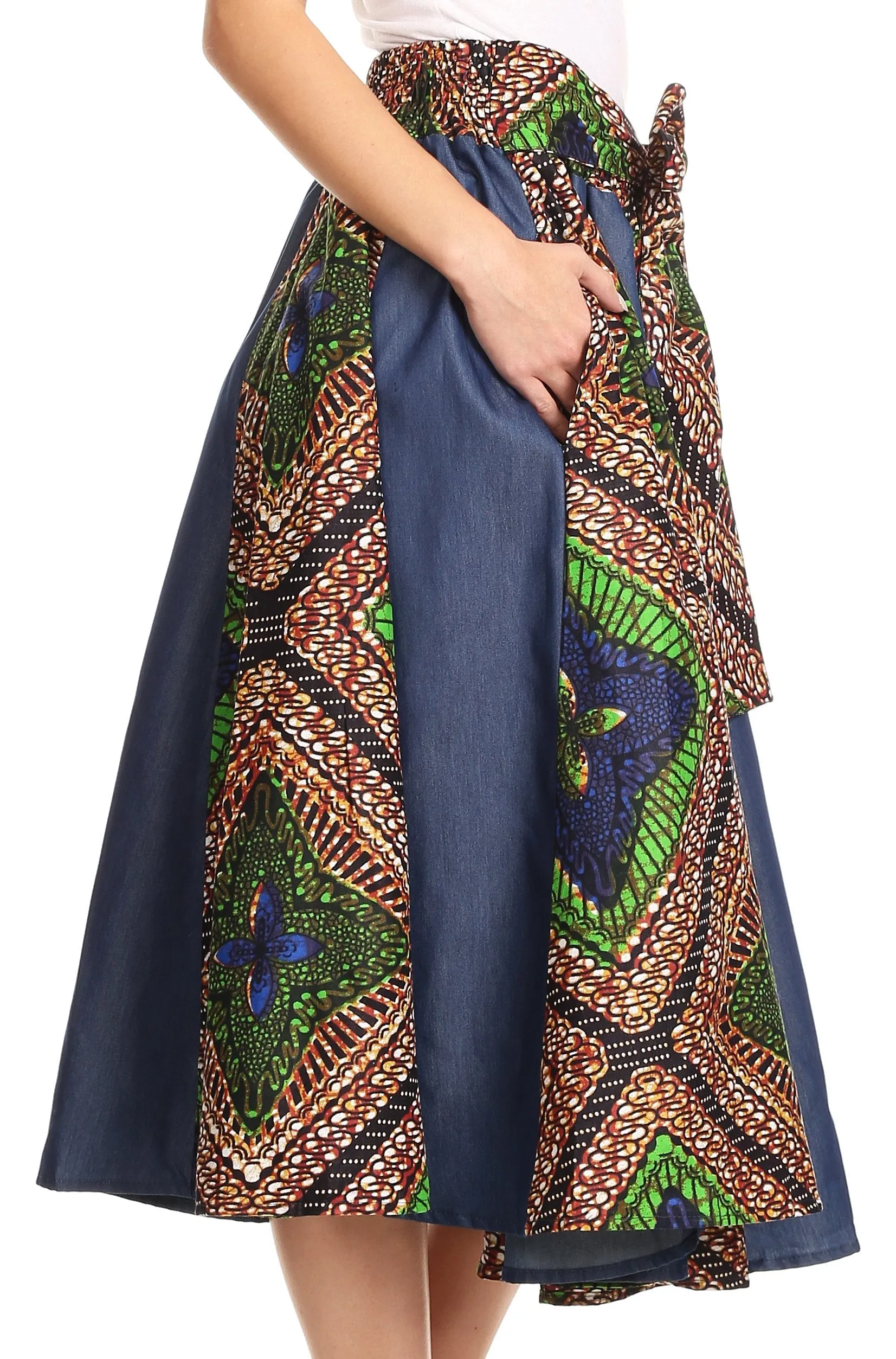 Sakkas Dayo Circle Mid Skirt with Elastic Waist Colorful Ankara African Wax Dutch