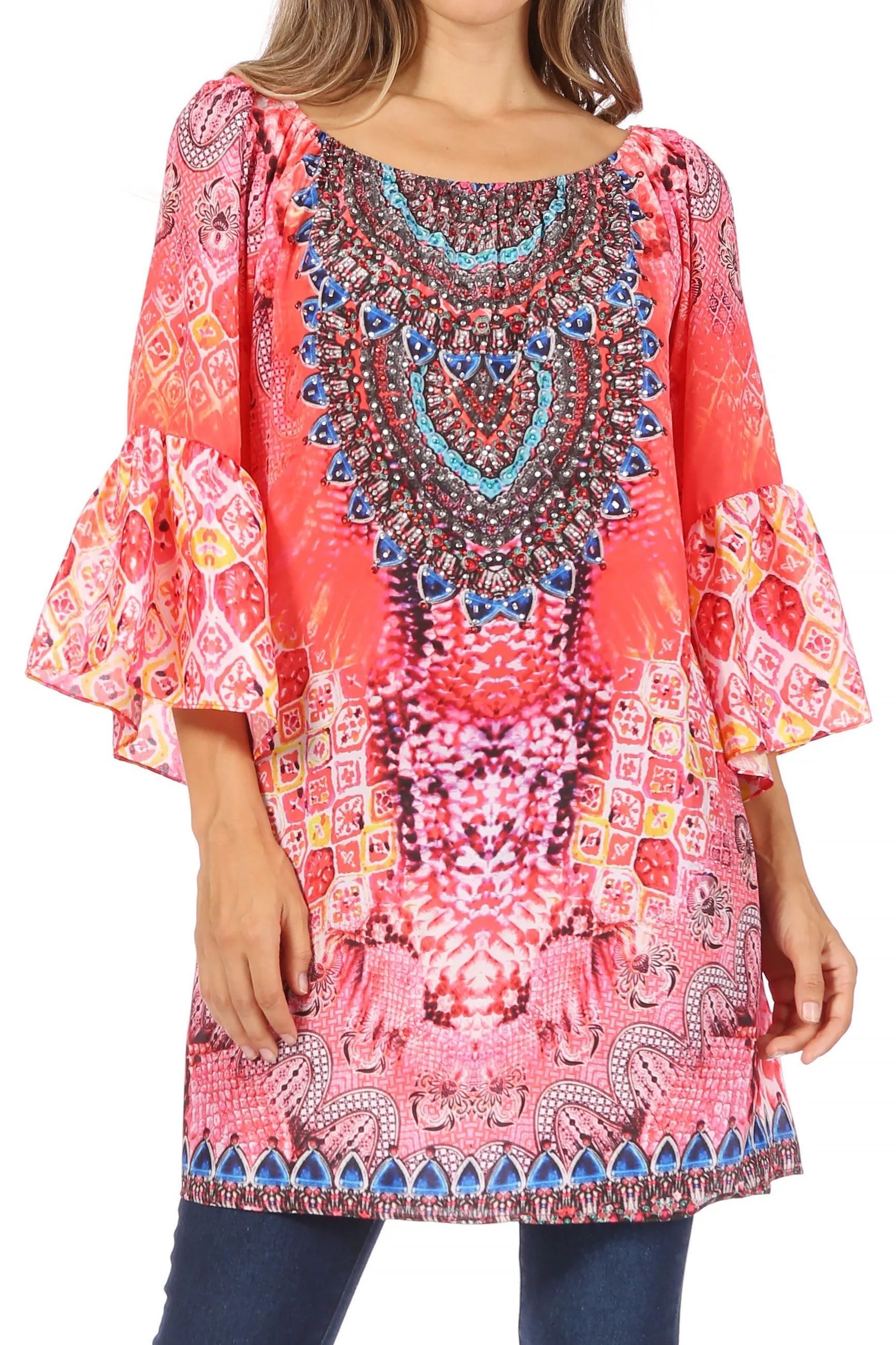 Sakkas Inna Colorful Shift Dress Tunic with Bell Ruffled Sleeves & Rhinestones