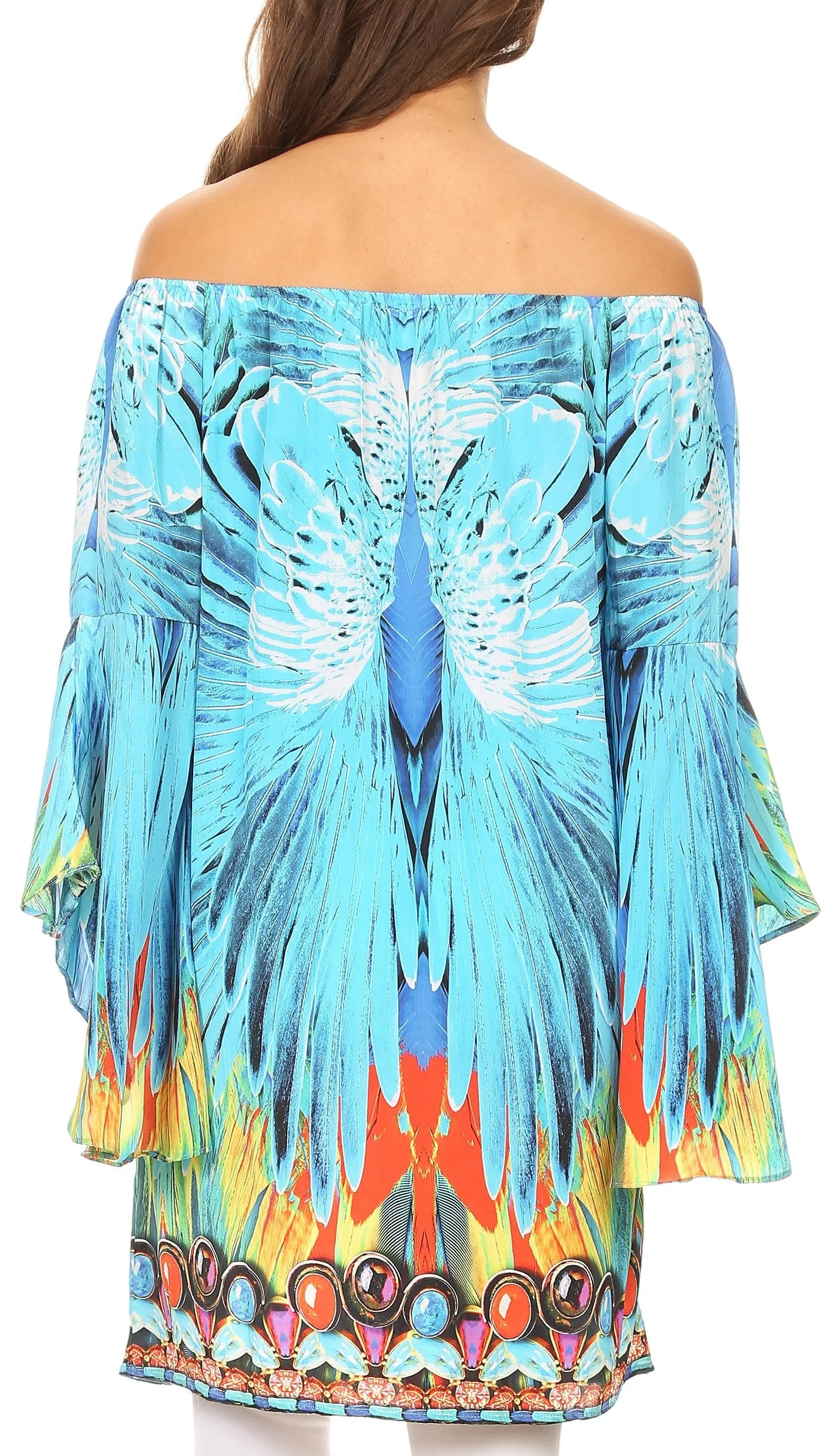 Sakkas Inna Colorful Shift Dress Tunic with Bell Ruffled Sleeves & Rhinestones