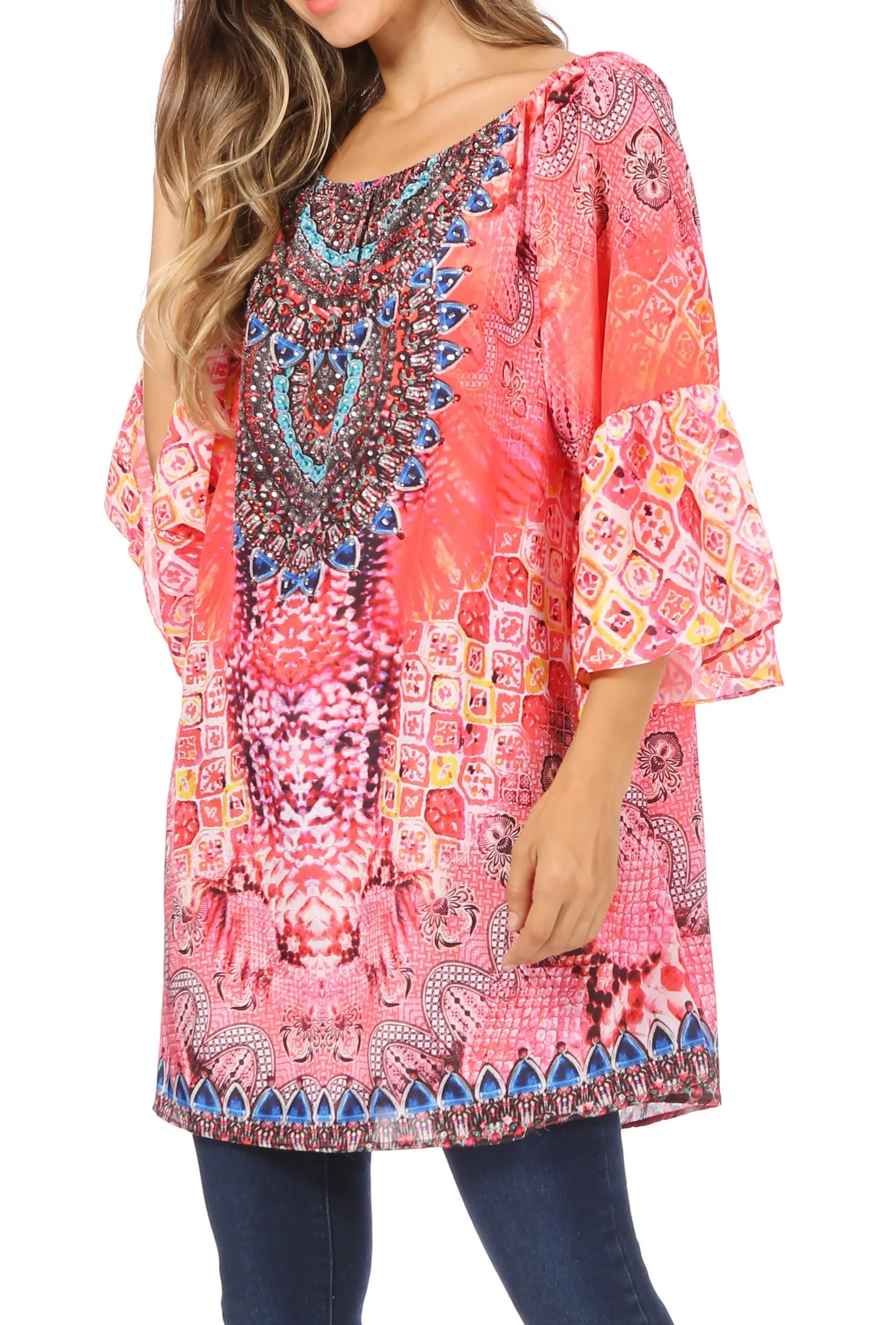 Sakkas Inna Colorful Shift Dress Tunic with Bell Ruffled Sleeves & Rhinestones