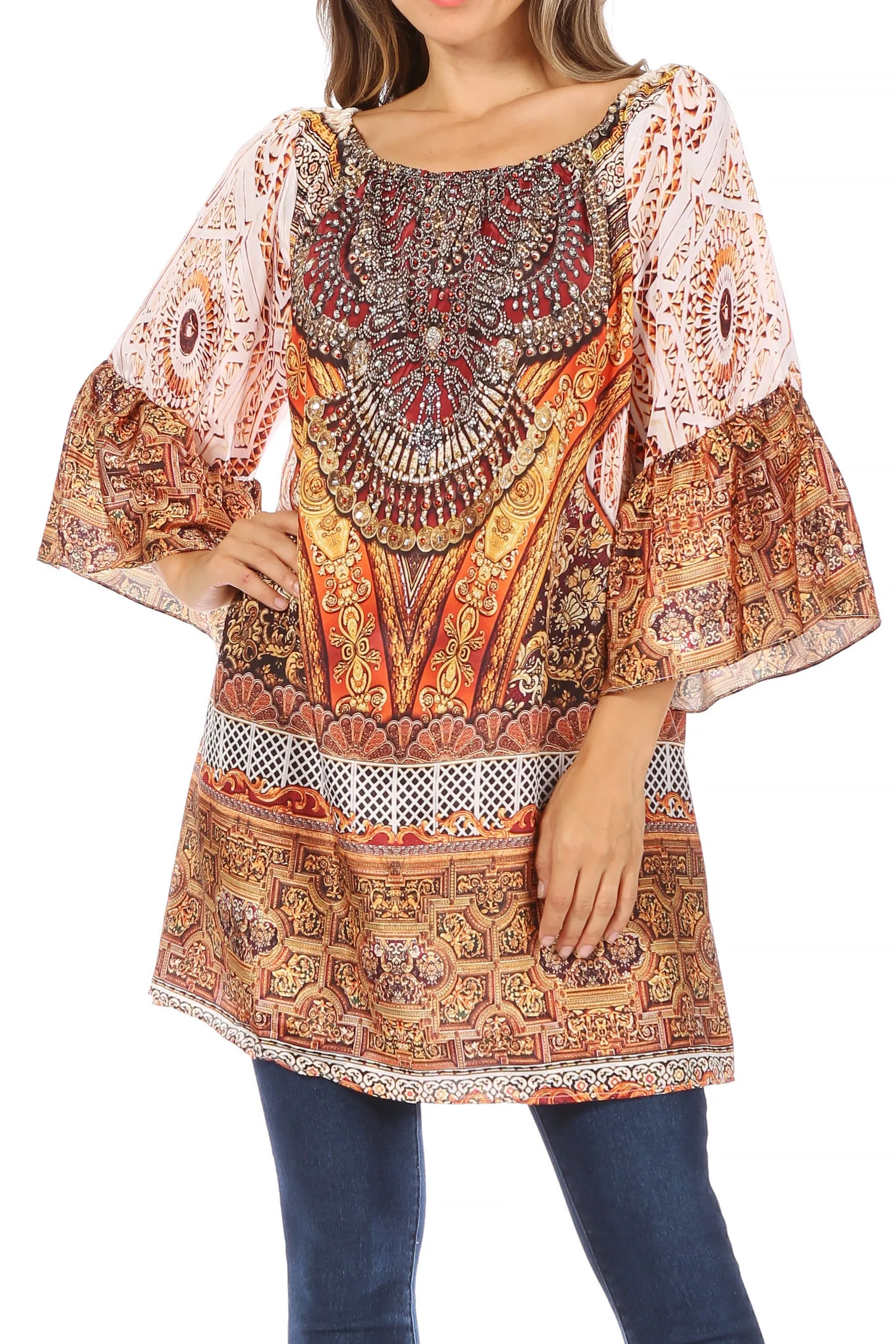 Sakkas Inna Colorful Shift Dress Tunic with Bell Ruffled Sleeves & Rhinestones