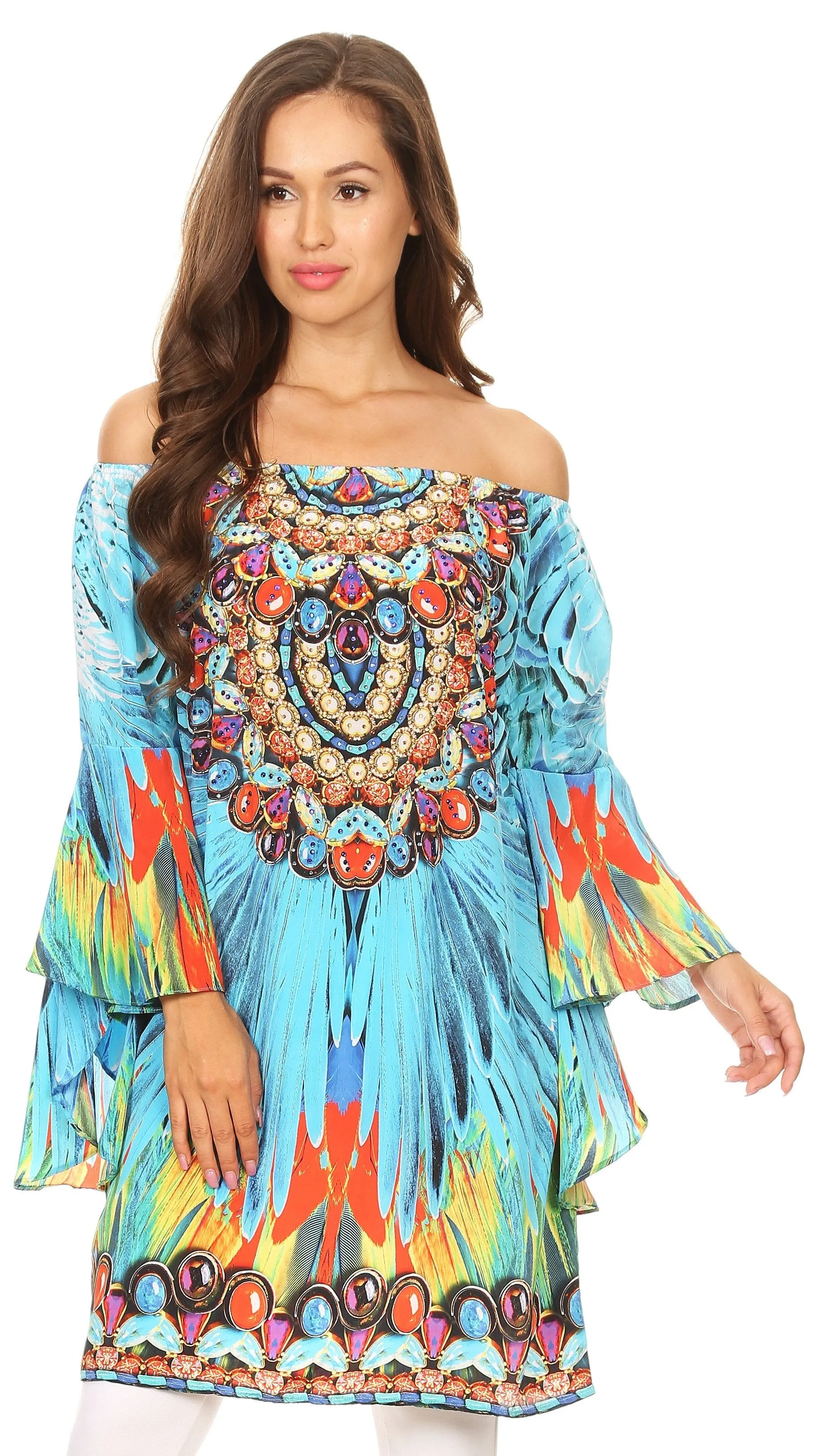 Sakkas Inna Colorful Shift Dress Tunic with Bell Ruffled Sleeves & Rhinestones