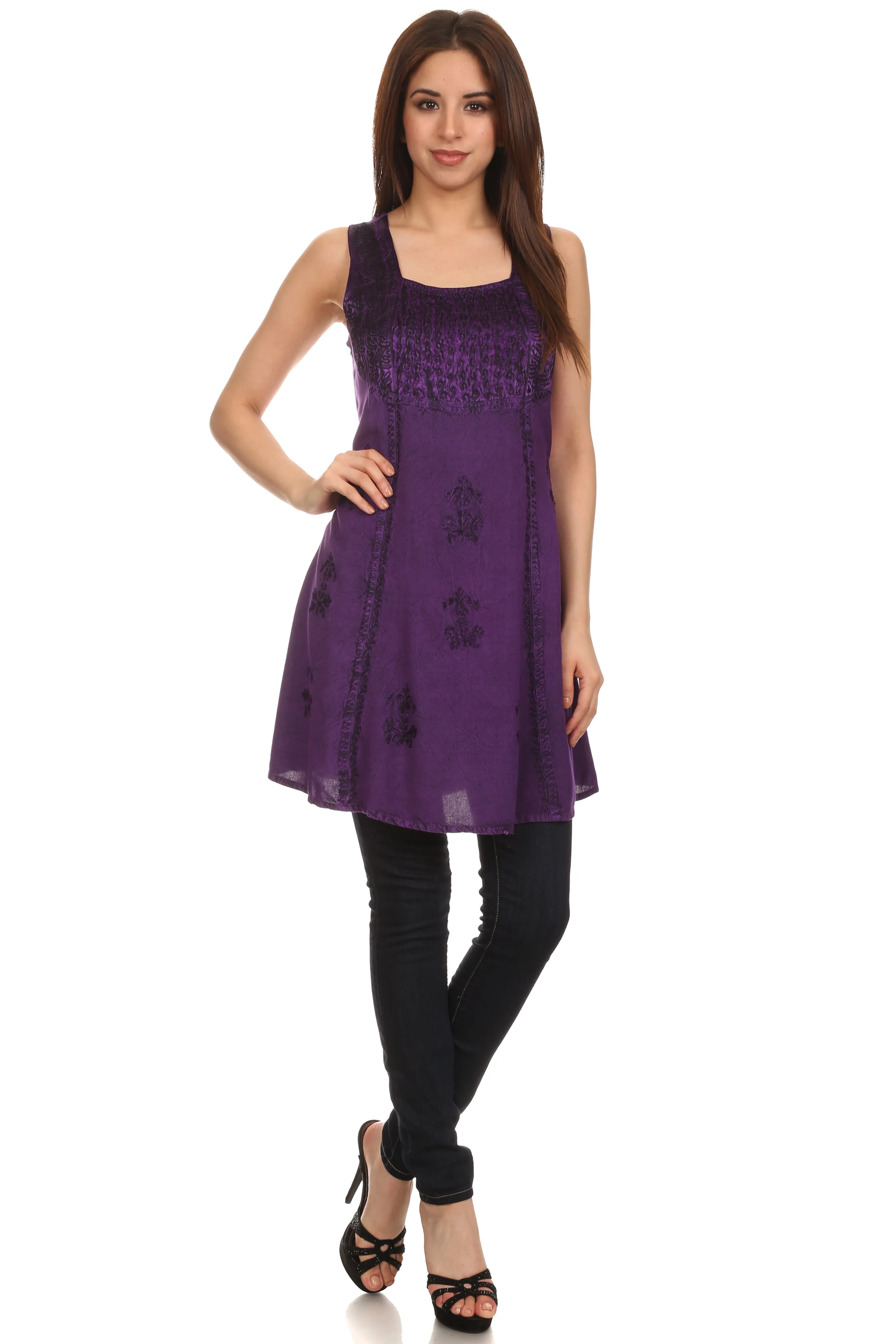 Sakkas Kalee Embroidered Adjustable Sleeveless Tunic Blouse / Short Dress