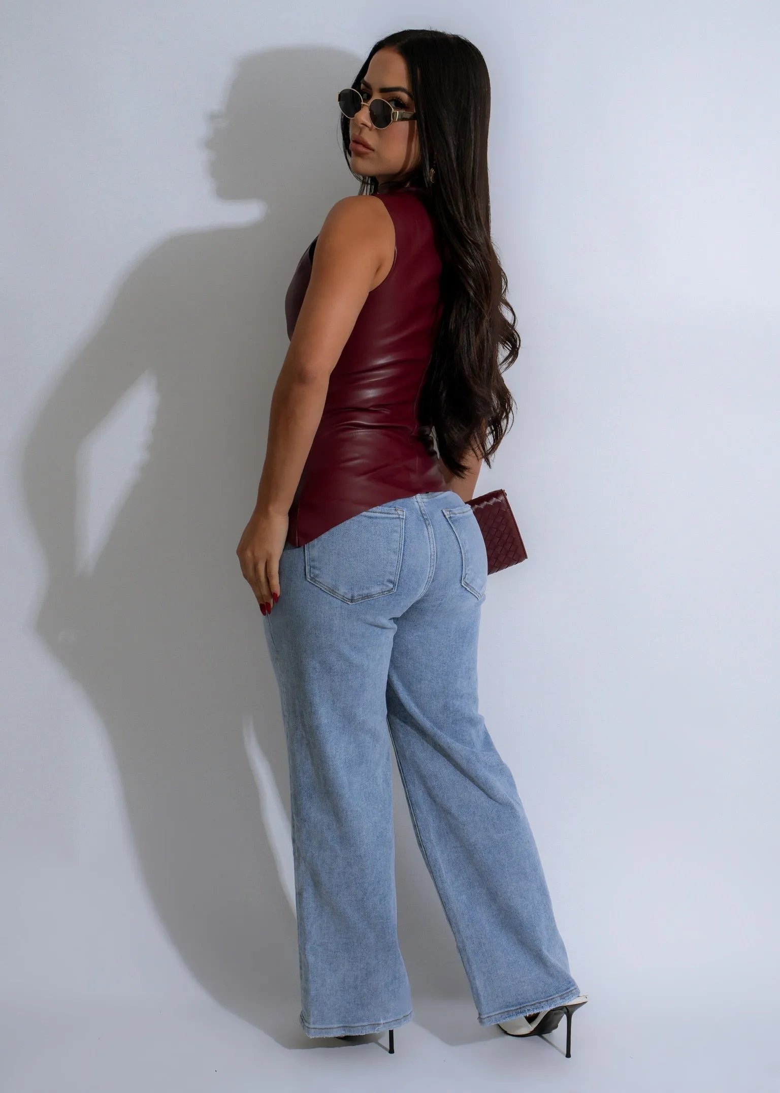 Sculpted Luxe Faux Leather Long Top Red