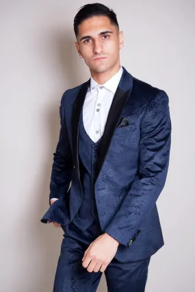 Simon Jacquard Navy Velvet Three Piece Suit :- Velvet Suit