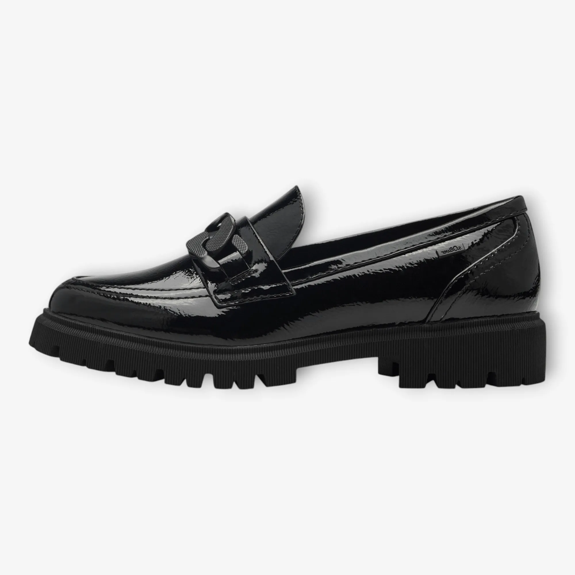 S.Oliver Black Patent Chunky Loafers with Chain Detail