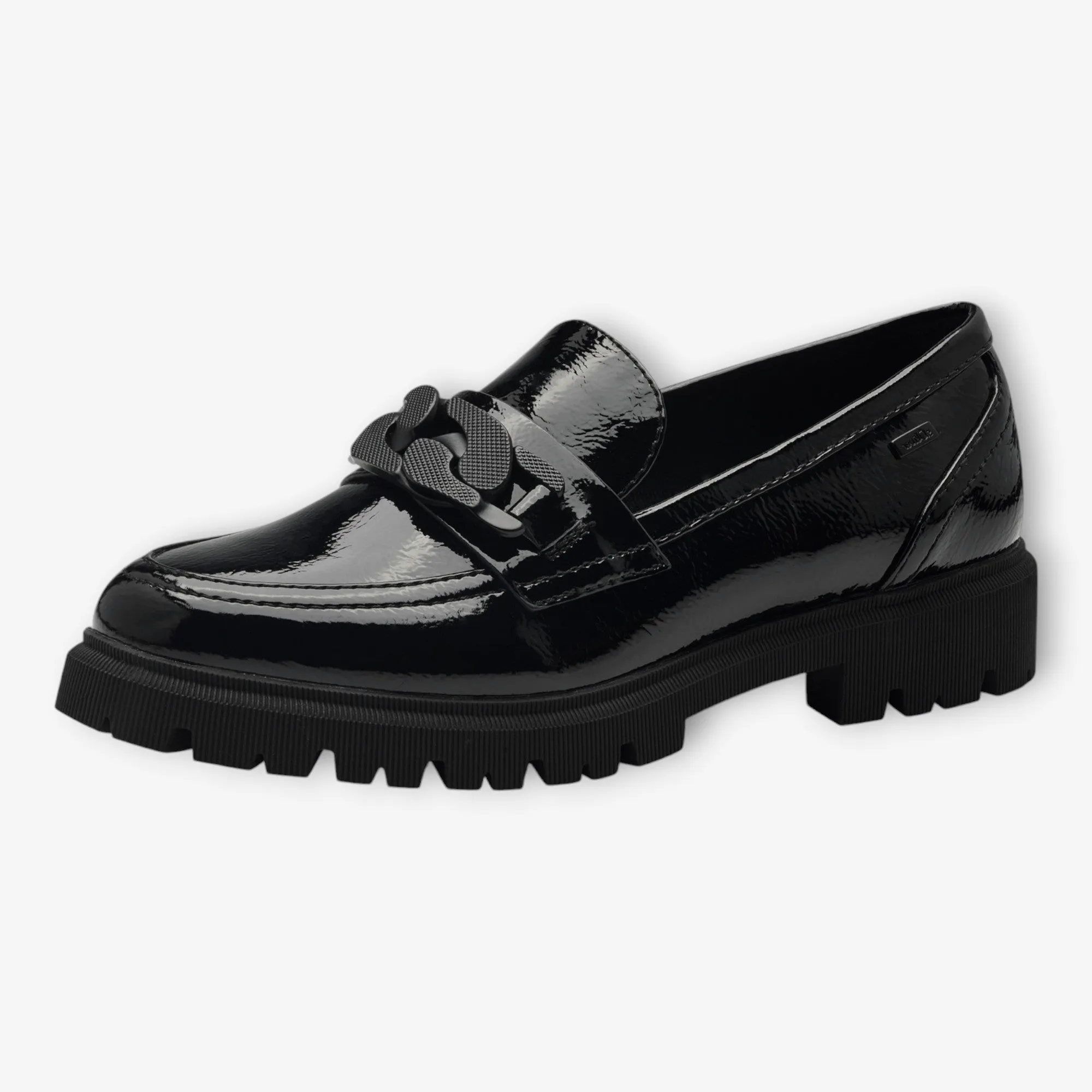 S.Oliver Black Patent Chunky Loafers with Chain Detail