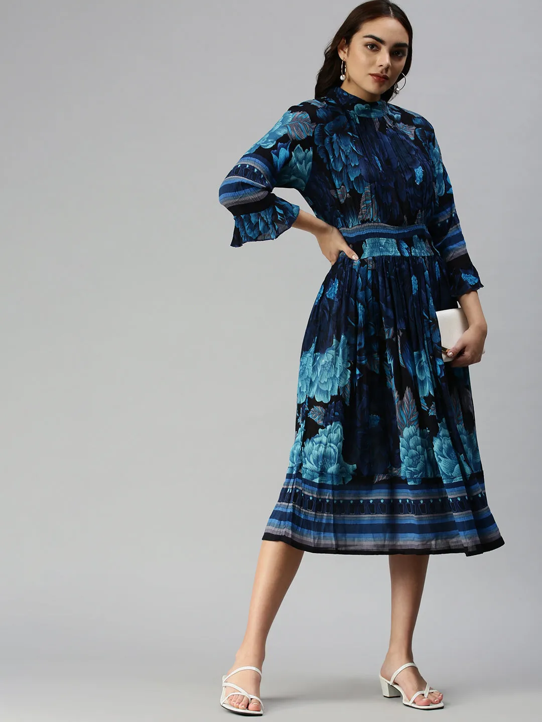 Women Printed Empire Navy Blue Dress