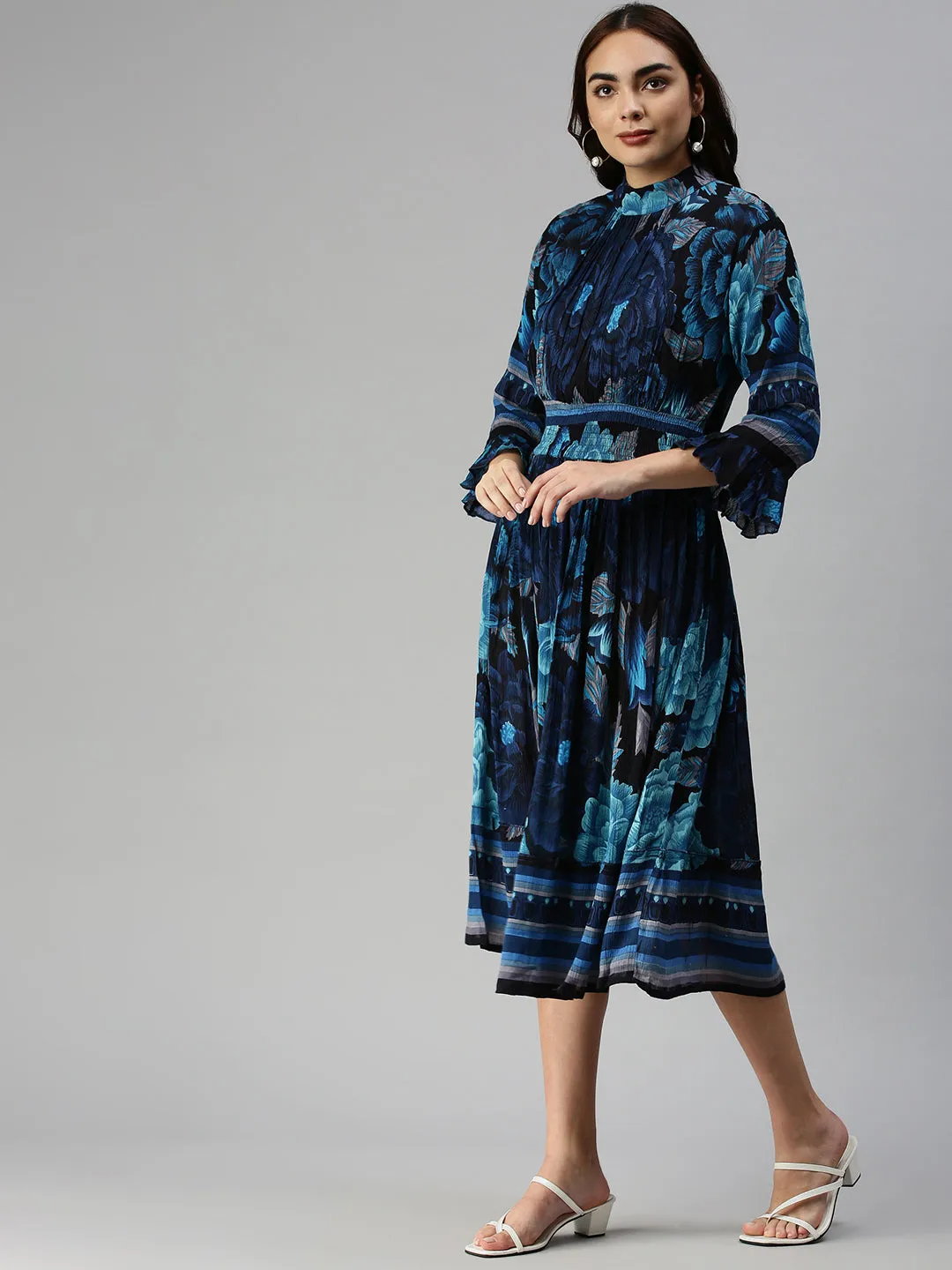 Women Printed Empire Navy Blue Dress