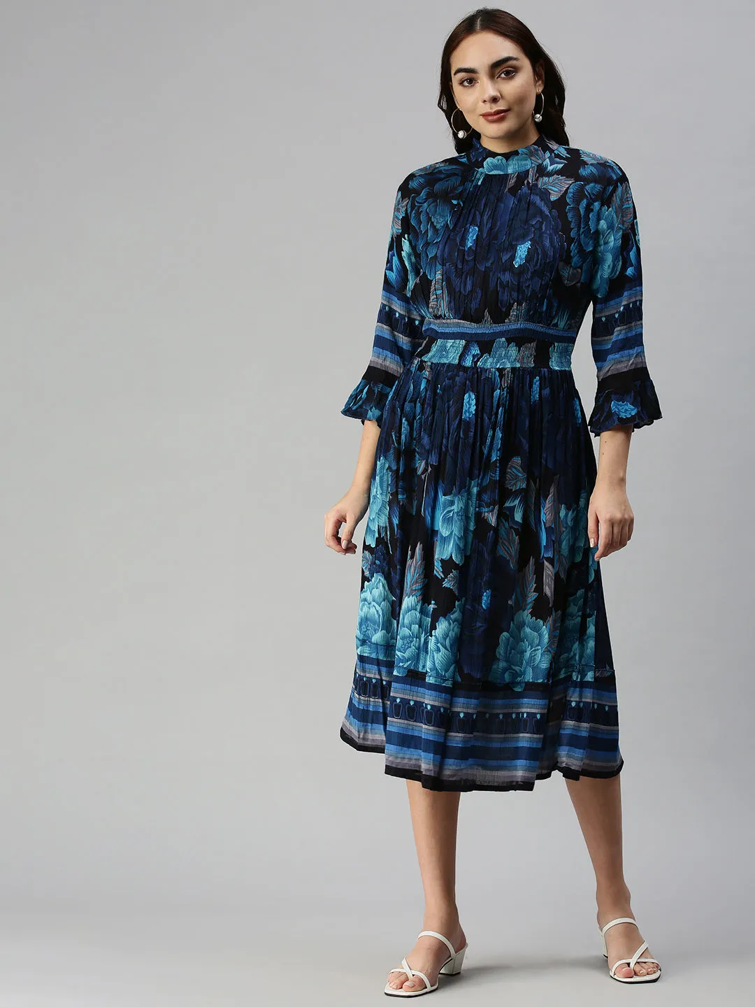 Women Printed Empire Navy Blue Dress