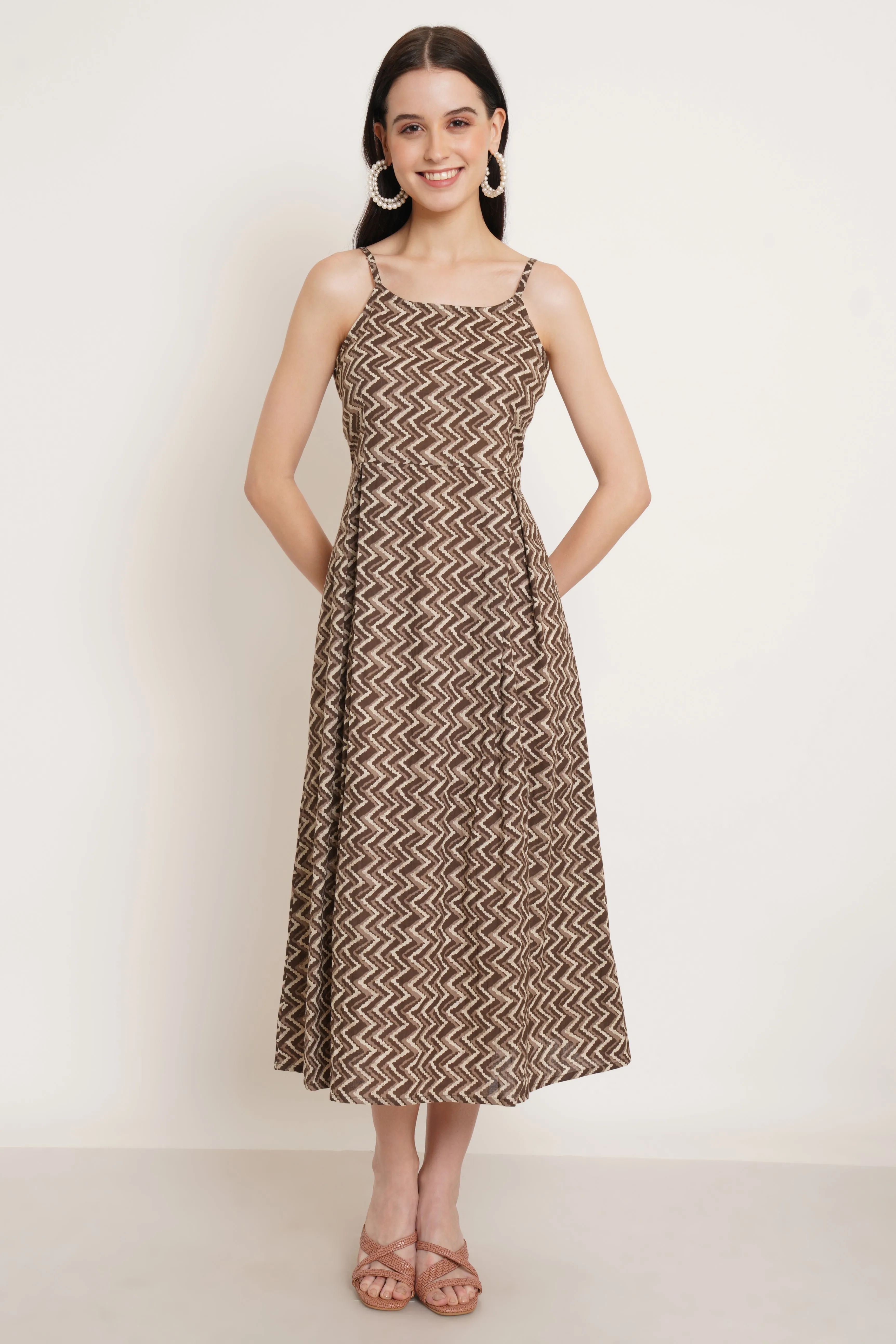 Zigzag Cotton Flared Midi Dress for Women