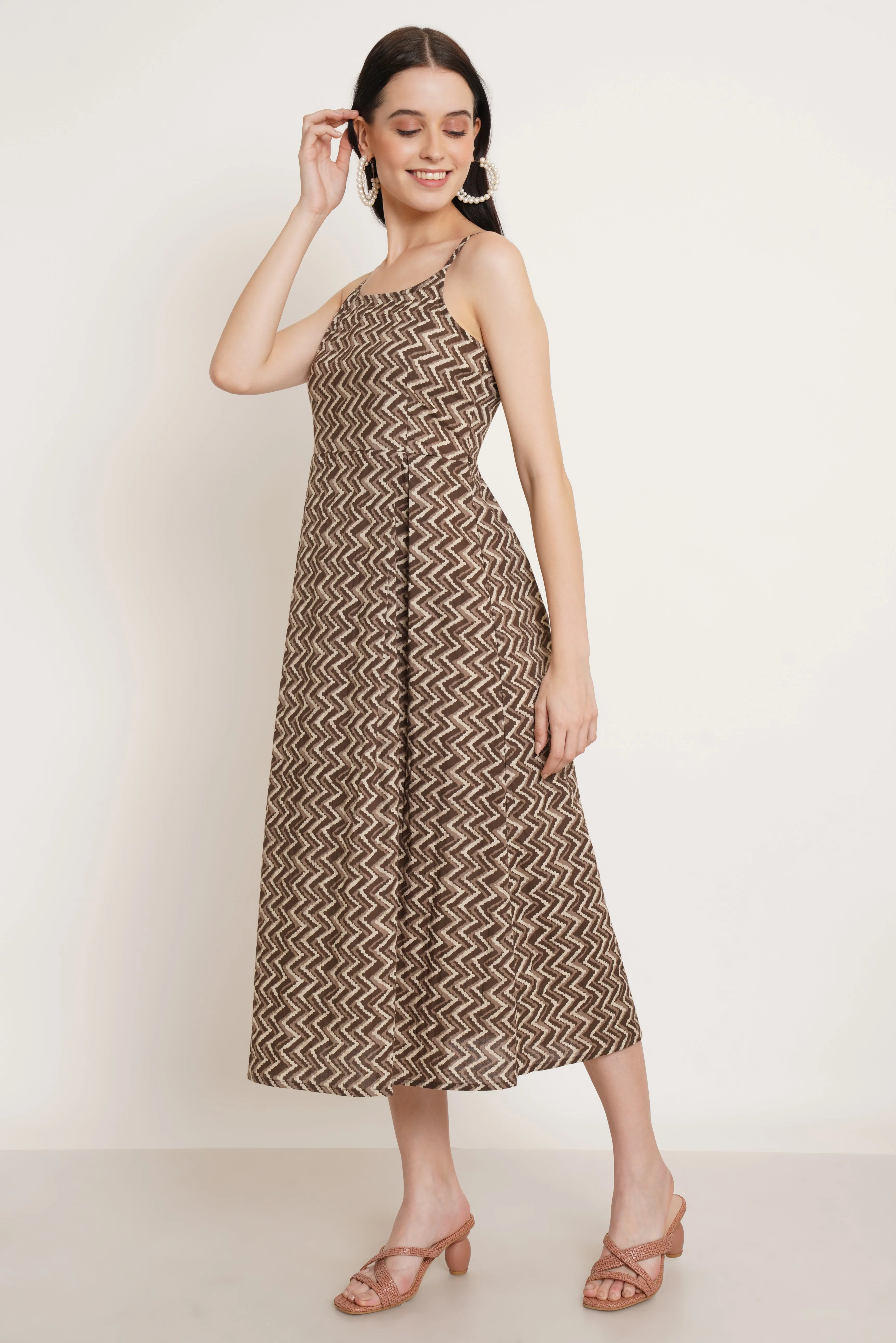 Zigzag Cotton Flared Midi Dress for Women