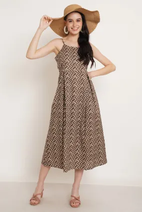 Zigzag Cotton Flared Midi Dress for Women