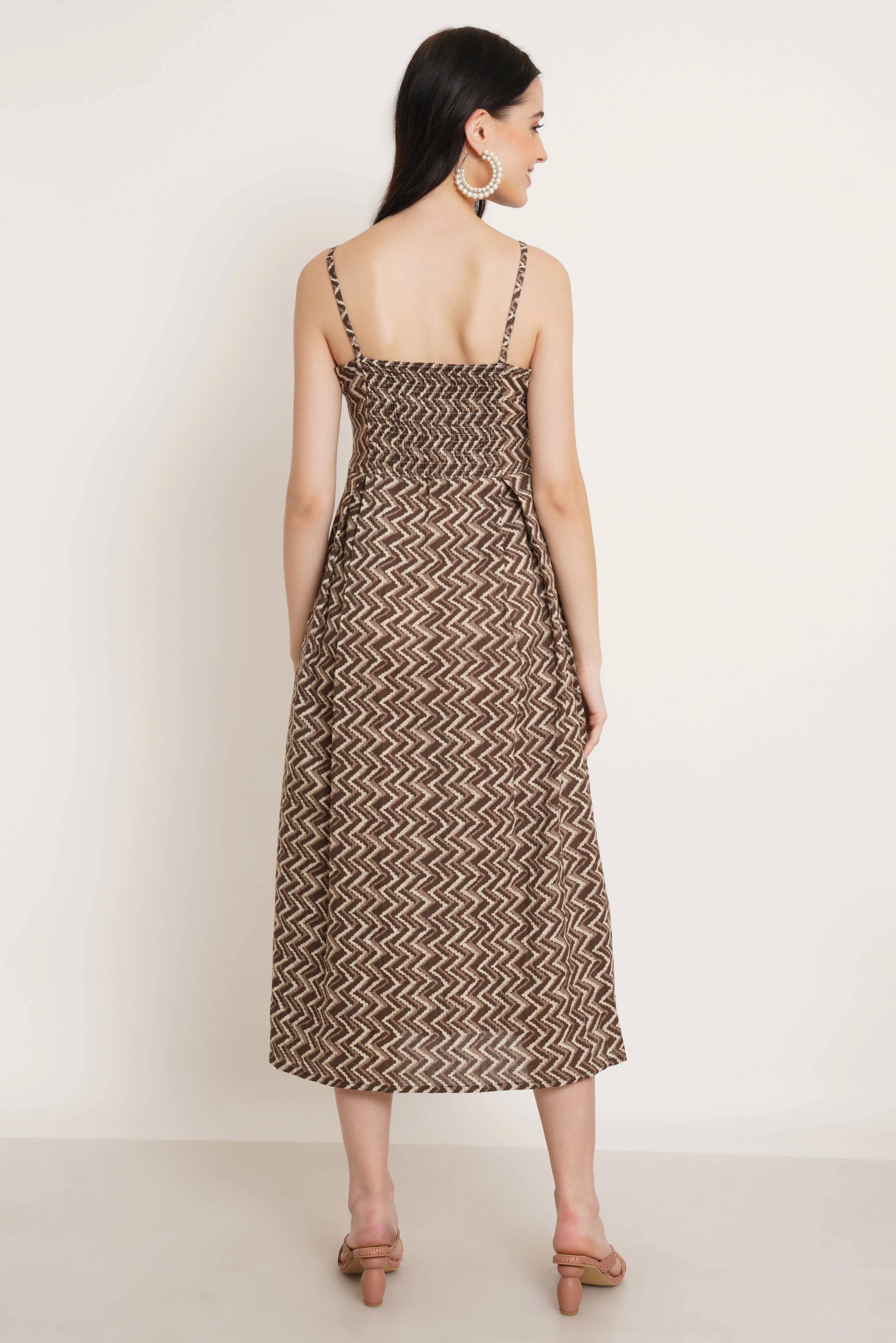 Zigzag Cotton Flared Midi Dress for Women